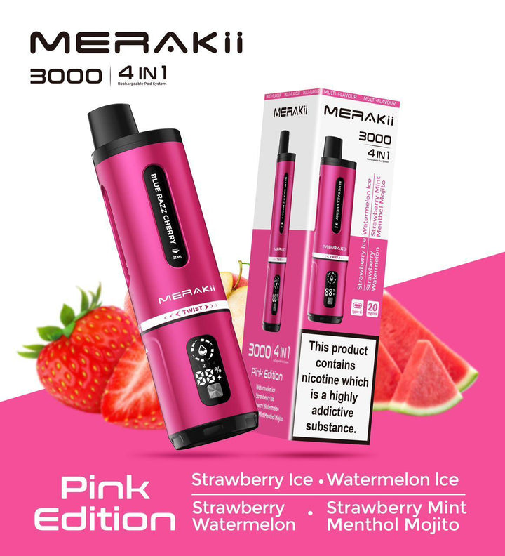 Merakii 3000 Puffs Disposable Vape 4 in 1 Pod System Kit Box of 5 - Vapingsupply