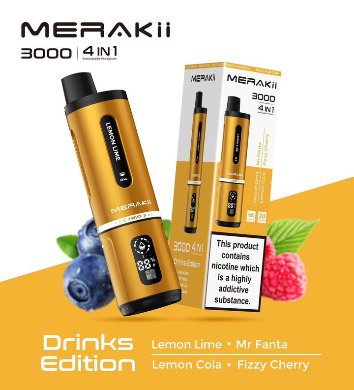 Merakii 3000 Puffs Disposable Vape 4 in 1 Pod System Kit Box of 5 - Vapingsupply