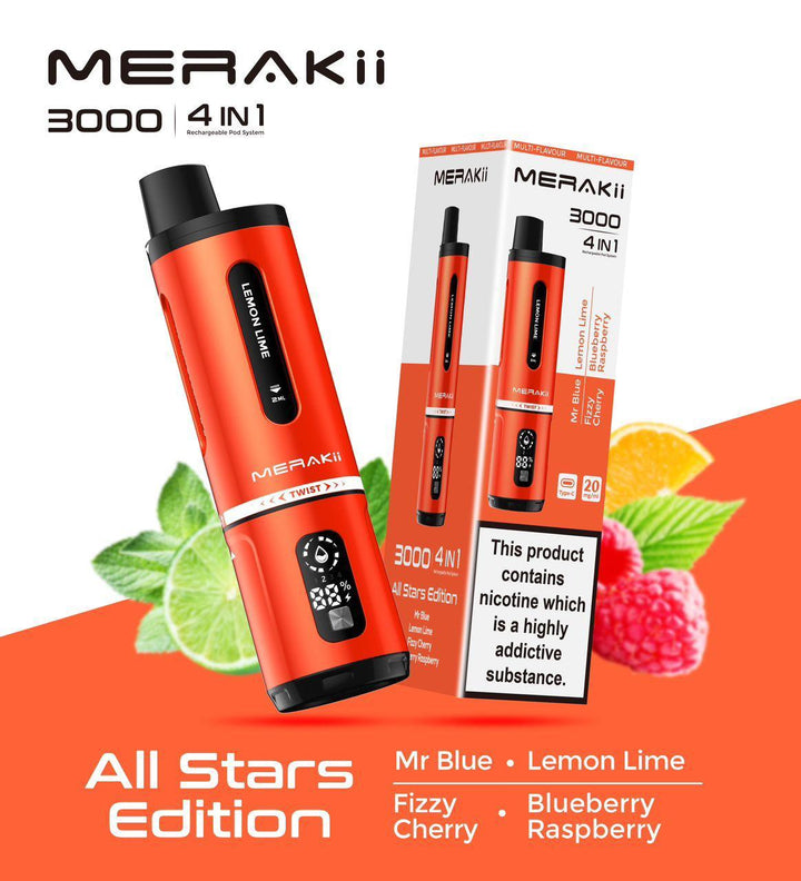 Merakii 3000 Puffs Disposable Vape 4 in 1 Pod System Kit Box of 5 - Vapingsupply